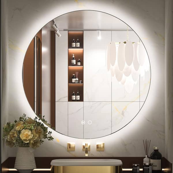 KeonJinn 32 in. W x 32 in. H Round Frameless Dimmable Super Bright LED Anti-Fog Wall Mount Bathroom Vanity Mirror Backlit