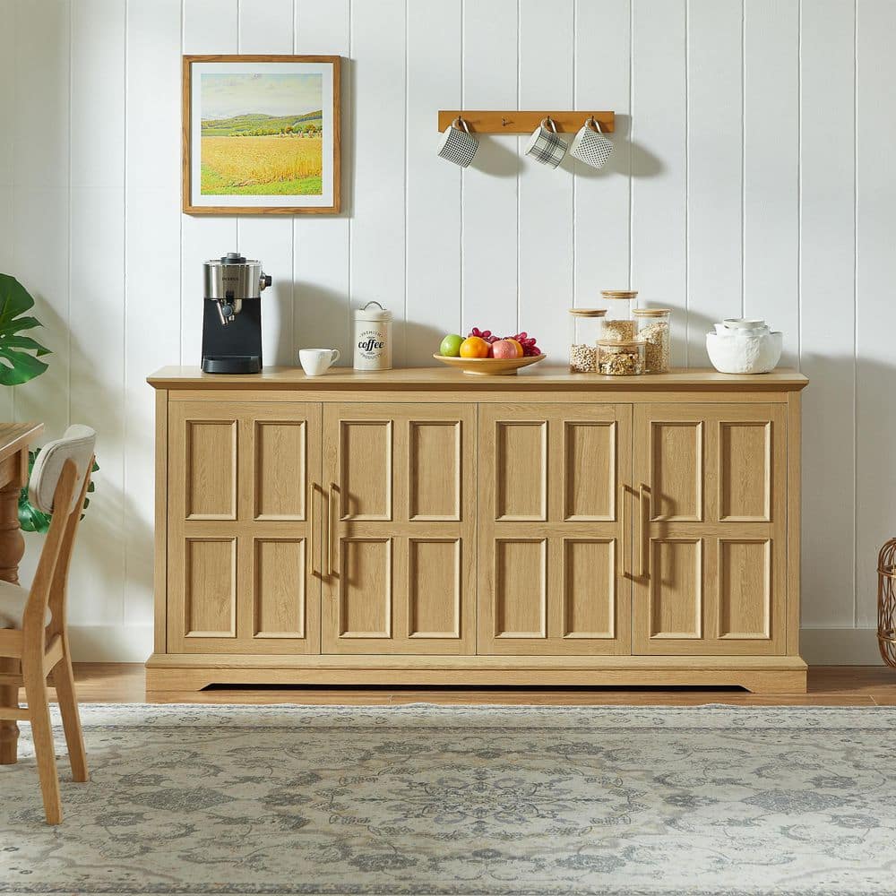 Oak Wood Farmhouse Buffet Cabinet with 4 Raised Panel Doors for Living Room, Dining Room, Entryway