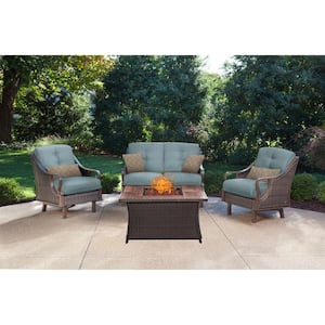 Ventura 4-Piece All-Weather Wicker Patio Conversation Set with Wood Grain-Top Fire Pit with Ocean Blue Cushions