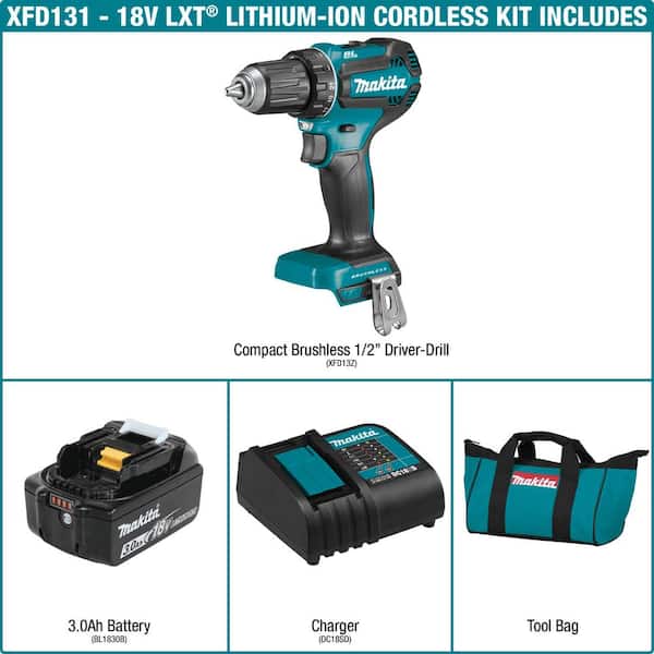 Nieuw maanjaar cursief zout Makita 18V LXT Lithium-Ion Brushless Cordless 1/2 in. Driver-Drill Kit,  3.0Ah XFD131 - The Home Depot