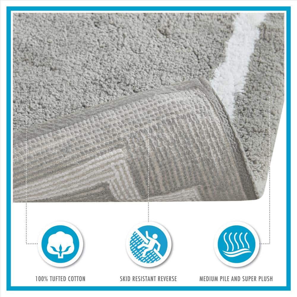 White and Gray Cotton Tufted Bath Rug with Geometric Border