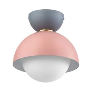 Conner 7.8 in. 1-Light Macaron Grey and Pink Flush Mount Light with Opal Bubble Shade