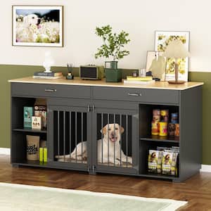Modern Large Wooden Dog Kennel Furniture Storage Cabinet, Pet Dog Cage with 2 Drawers and Storage Shelf for Dogs, Black