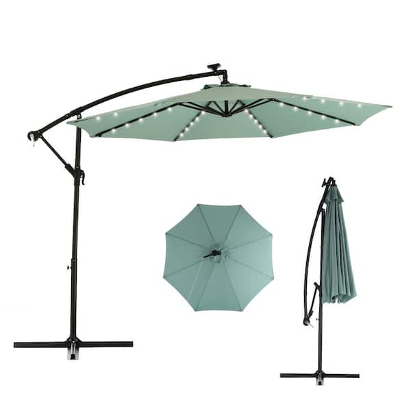 HOMEFUN 10 ft. Solar LED Patio Outdoor Umbrella Hanging Cantilever Umbrella with Adustmentable 40 Lights in Light Green