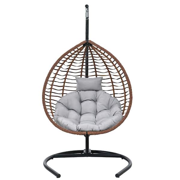 6.5 ft. Brown Wicker Outdoor Foldable Rattan Hammock Egg Chair With Iron Frame Stand & Gray Cushion, Removable Headrest