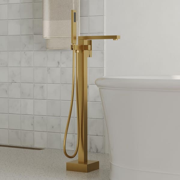Double Handles Floor Mounted Free Standing Tub Faucets with Hand Shower in Brushed Gold (Valve Included)
