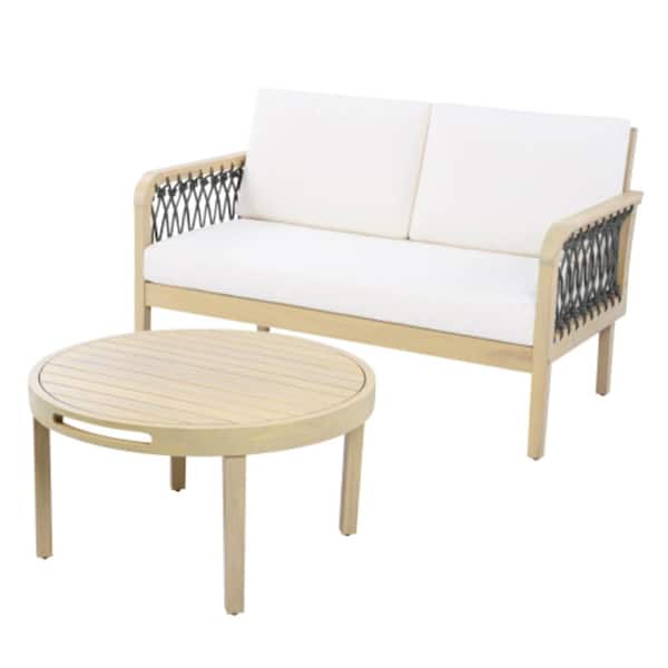 2-Piece Acacia Wood Outdoor Conversation Patio Furniture Set with Beige Cushions