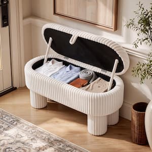 Beige Corduroy Fabric Upholstered Ottoman Shoe Bench with Storage
