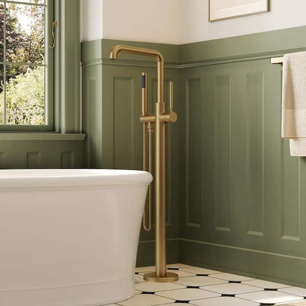 Single-Handle Freestanding Tub Faucet with Hand Shower Integrated Rock-Solid Anchored Design in Brushed Gold