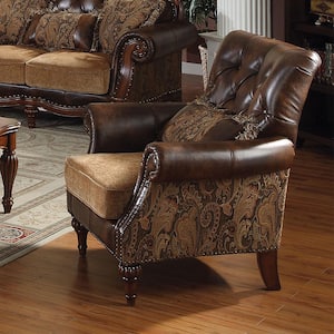 Dreena Two Tone Brown PU and Chenille Leather Arm Chair Set of 1 with Button Tufted, Nailhead Trim, and Rolled Arm