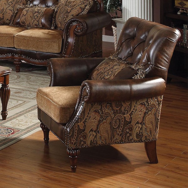 Acme Furniture Dreena Two Tone Brown PU and Chenille Leather Arm Chair Set of 1 with Button Tufted, Nailhead Trim, and Rolled Arm