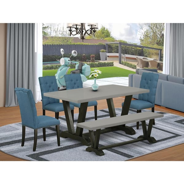 East West Furniture 6-Piece Rectangle Natural Oak Finish Solid Wood Top Dining Table with 1-Bench, 4-Chairs with Lattice Back