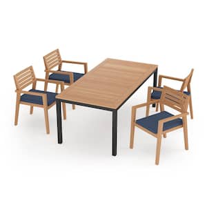 Rhodes 5 Piece Teak Outdoor Patio Dining Set in Spectrum Indigo Cushions with 72 in. Table