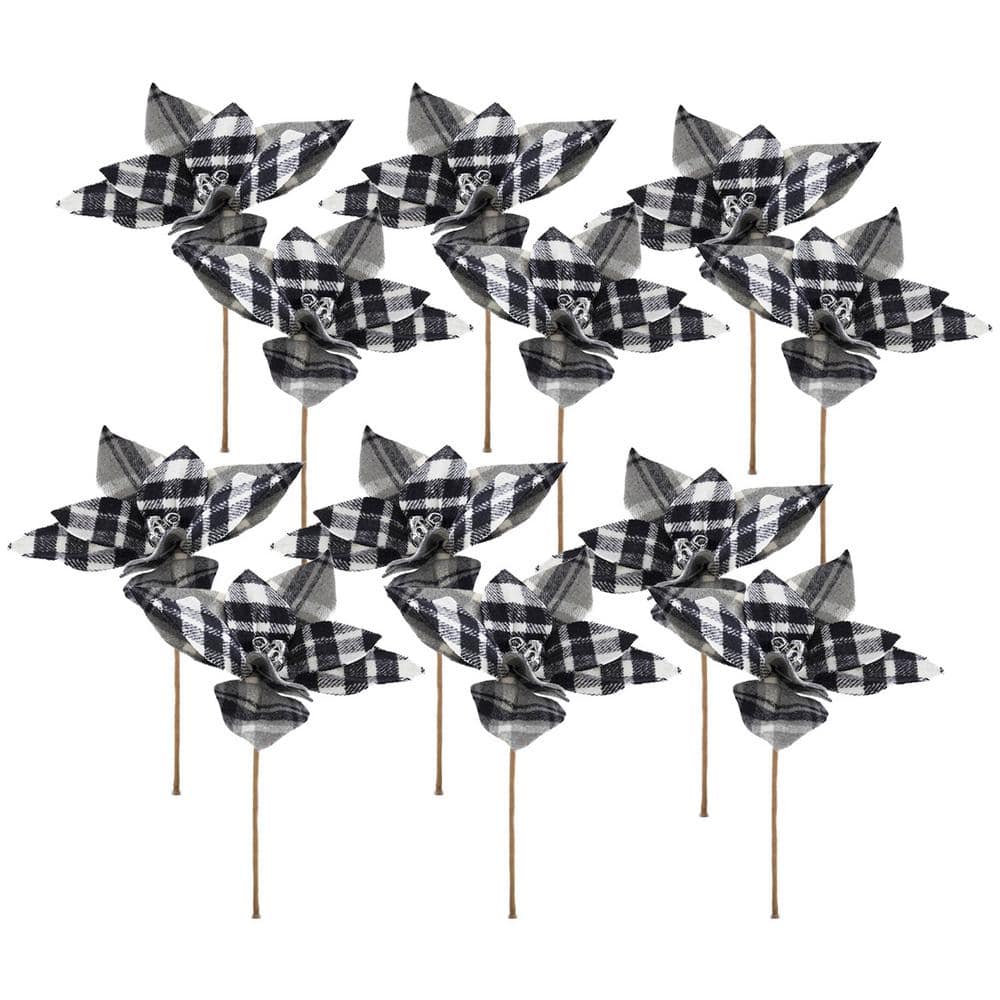 13" Black and White Plaid Poinsettia Stems Set of 12