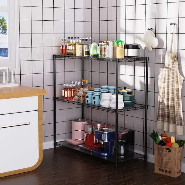 3-Shelf Wire Shelving Unit in Black with Adjustable Height, Heavy Duty Metal Storage Rack with Leveling Feet
