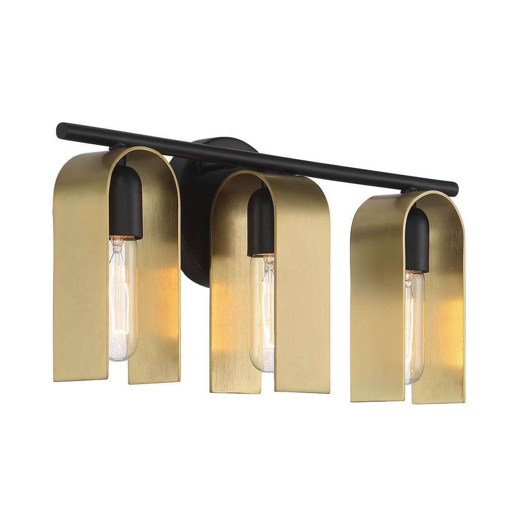 U Turn 3-Light Matte Black Vanity Light with Brushed Gold Shades