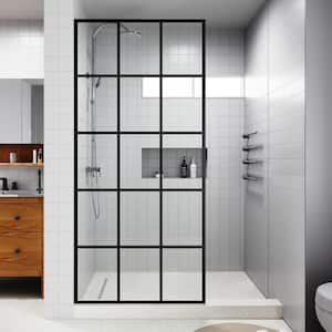 UKP02 36 in. W x 78 in. H Frameless Fixed Shower Panel Screen in Matte Black, 3/8 in. SGCC Black Grid Glass