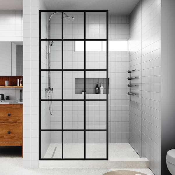 UNIKOO UKP02 36 in. W x 78 in. H Frameless Fixed Shower Panel Screen in Matte Black, 3/8 in. SGCC Black Grid Glass