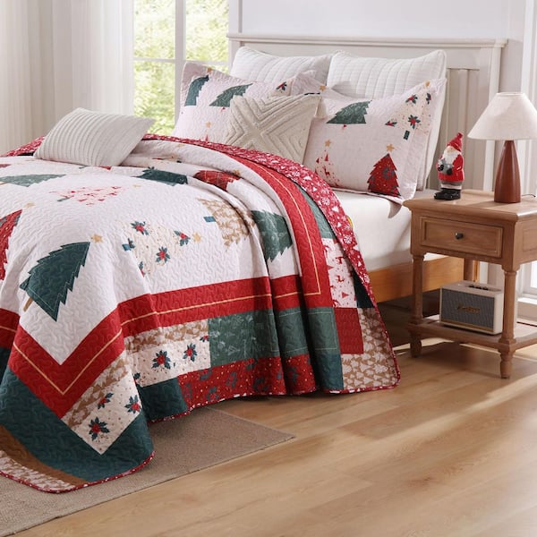 BY219 3-Pieces Red Forest Christmas Tree King Size Polyester Quilt Bedspread Set