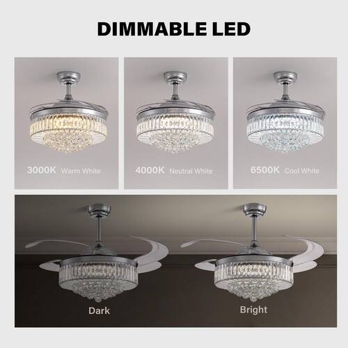 48 in. Indoor Modern Chrome Retractable Crystal Ceiling Fan with Dimmable LED Light Fandelier with Remote APP Control Ceiling Fans