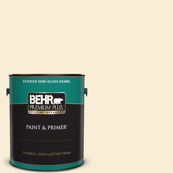 BEHR PREMIUM PLUS 1 gal. #380E-1 Mist Yellow Semi-Gloss Enamel Exterior Paint & Primer