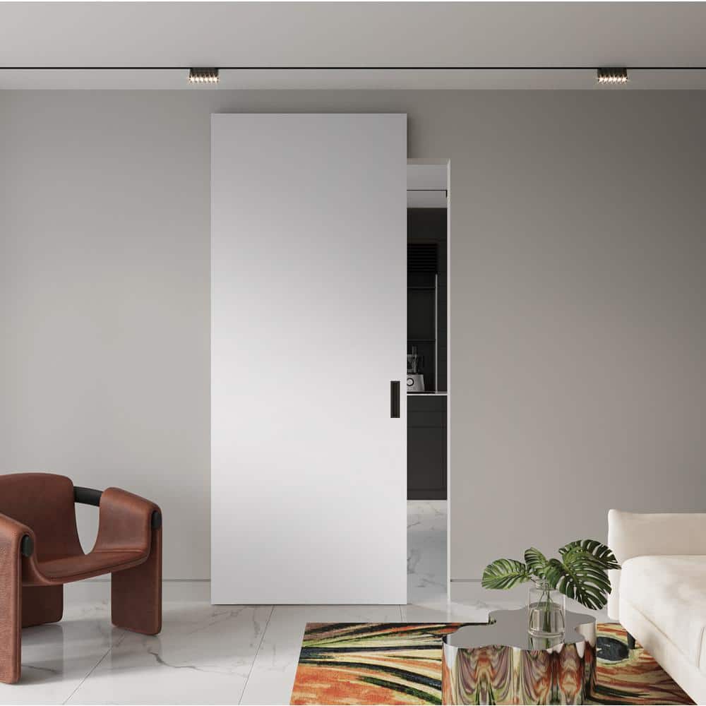 Flush White Solid Composite Core Sliding Barn Door Kit with Black Hardware