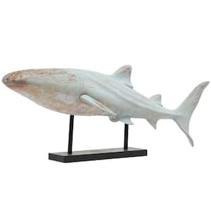 Light Blue Polystone Distressed Shark Sculpture with Brown Wood Inspired Accents and Black Stand
