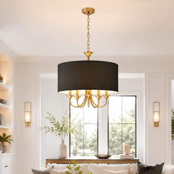 Emeritpro 5-Light Modern Black and Gold Drum Chandelier with