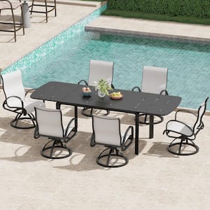 Black Swivel Aluminum Sunbrella Textilene Mesh Fabric Outdoor Dining Chair in Augustine Oyster (Set of 6)