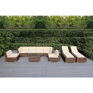 Mixed Brown 9-Piece Wicker Patio Combo Conversation Set with Supercrylic Beige Cushions