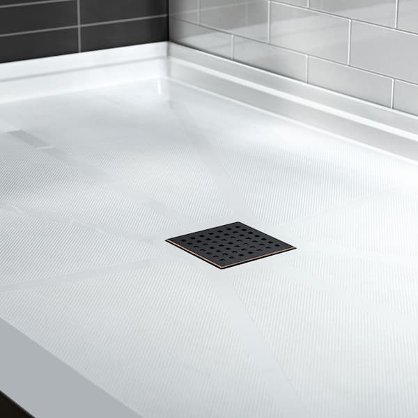 Woodbridge Krasik 60 in. L x 30 in. W Alcove Solid Surface Shower Pan Base with Left Drain in White with Chrome Cover, White with Chrome Drain Cover