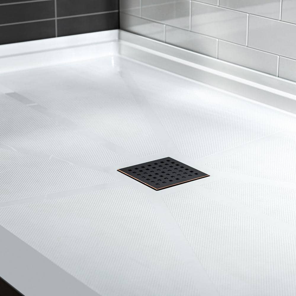 36" White Solid Surface Square Shower Pan Base with Oil-Rubbed Bronze Drain Cover