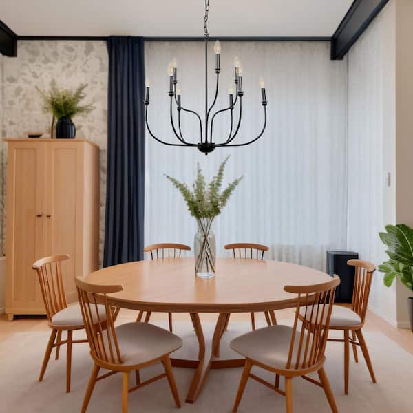 9-Light Matte Black Farmhouse Candle Circle Chandelier for Living Room and Adjustable Hanging Length