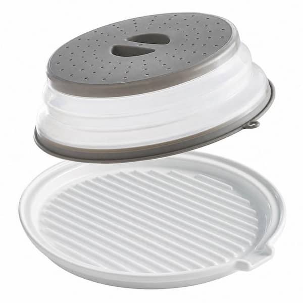 11 in. Round Microwave Bacon Tray with Lid for Oven Cooking, Ceramic Bacon Cooker Meat Rack, Crispy Bacon Maker, White