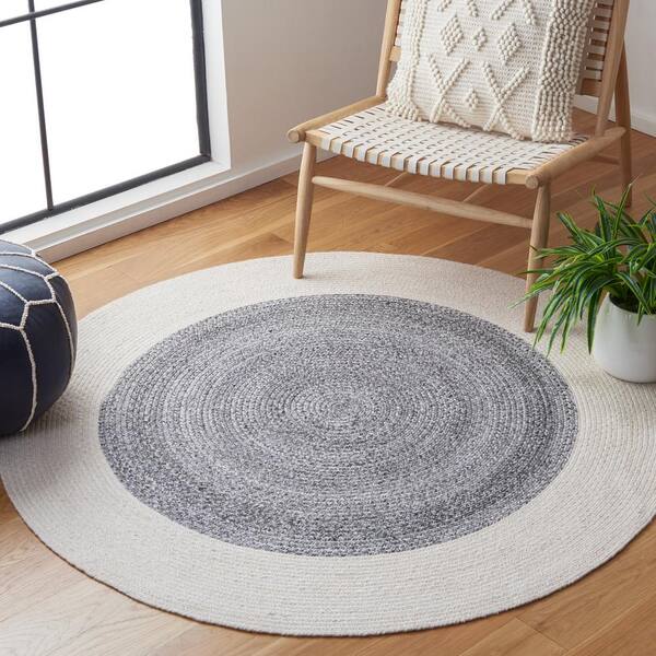 Braided Dark Gray Ivory 6 ft. x 6 ft. Abstract Border Round Area Rug