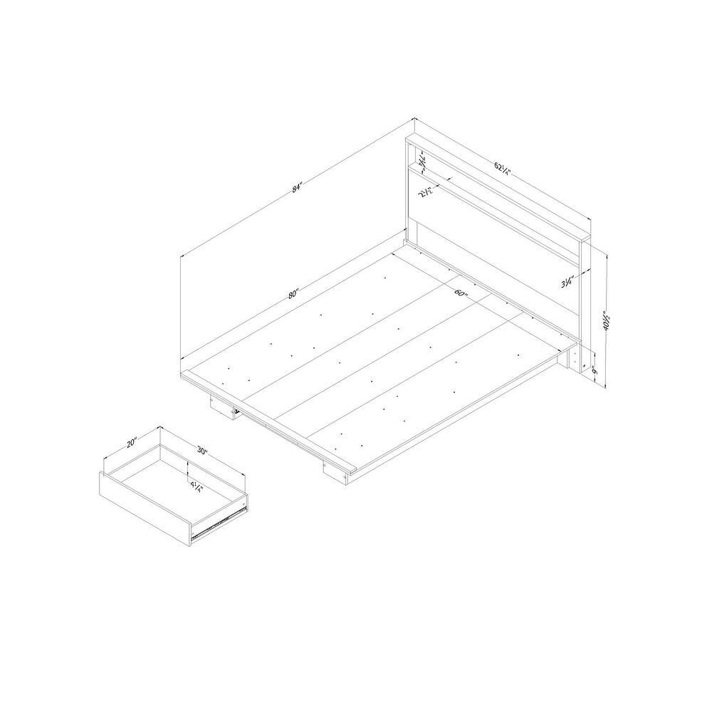 Gray Oak Queen Platform Bed with Upholstered Headboard and Drawer