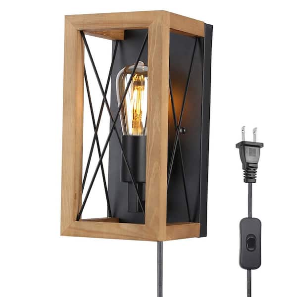 Zompoo 5.9 in. 1 Light Plug in E26 Black Wall Sconces with Wood Shade and Switch, Industrial Lantern Metal Base Wall Lamp