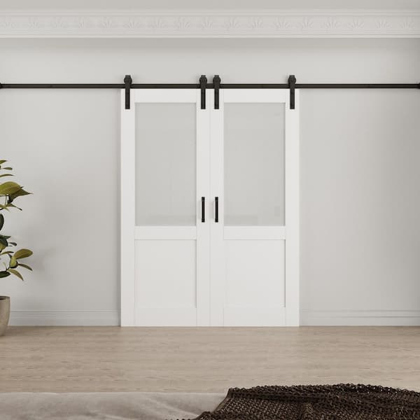 64 in. x 80 in. 1/2-Lite Tempered Frosted Glass White Primed MDF Composite Sliding Barn Door with Hardware Kit