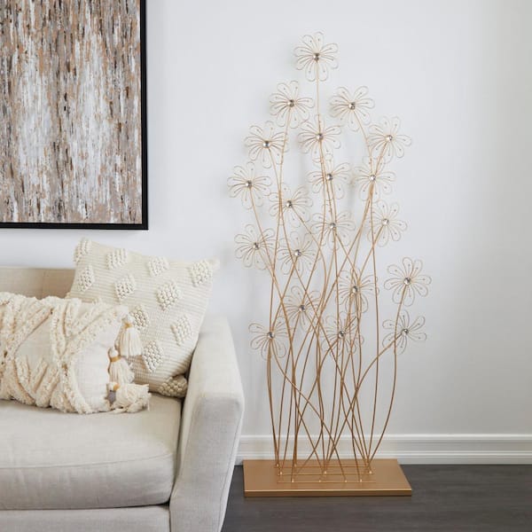 Litton Lane Gold Metal Tall Floral Sculpture with Crystal Embellishments