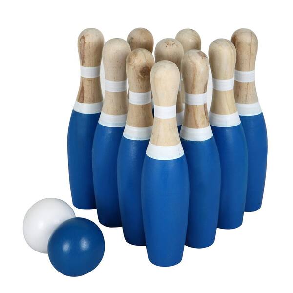 Hathaway 10-Pin Lawn Bowling Game with Solid Wood Pins and Balls in Blue/White
