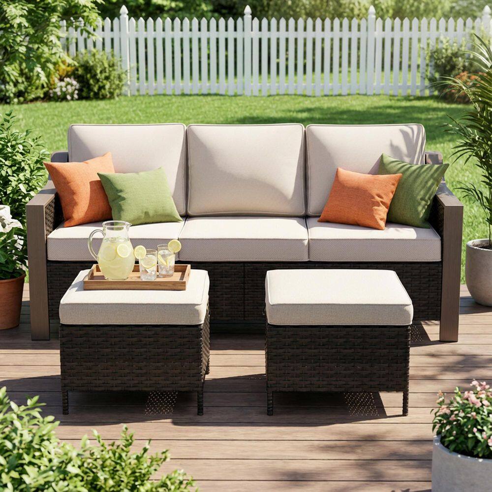 3-Piece Dark Brown Wicker Outdoor Couch with Gently Sloped Armrests, Ottomans and Beige Cushions price history on PriceWatchPro