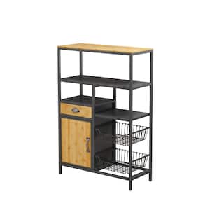 Black and Brown Wood 31.7 in. Kitchen Island with Drawer and 2-Storage Baskets