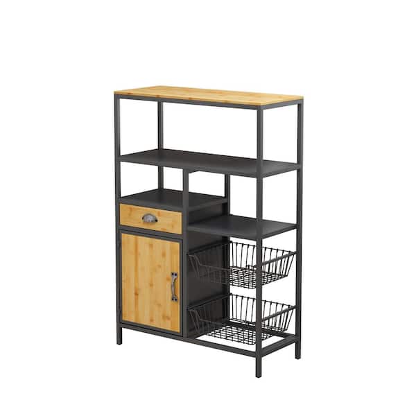Cesicia Black and Brown Wood 31.7 in. Kitchen Island with Drawer and 2-Storage Baskets