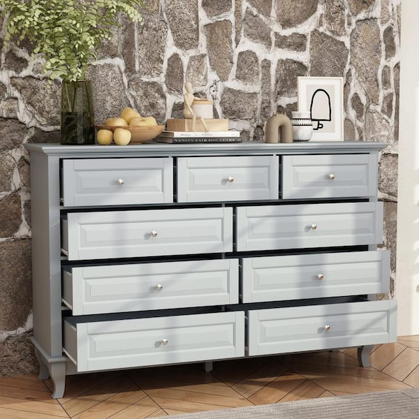 FUFU&GAGA 9-Drawer Gray Wood Dresser Bedroom Storage Cabinet Modern Style 37 in. H x 55.1 in. W x 15.7 in. D