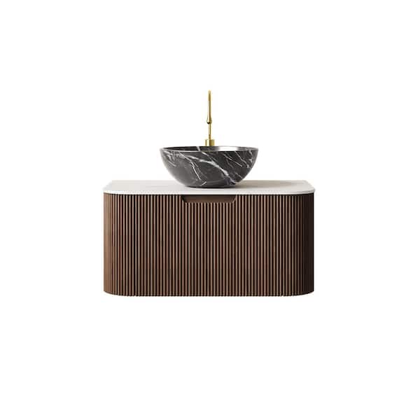 30 in. Wall-Mounted Dark Walnut Bath Vanity with White Engineered Marble Top Pre-Assembled