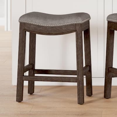 Sadie 26in. H Saddle Distressed Espresso Wood Counter-Height Barstool with Smoke Gray Fabric