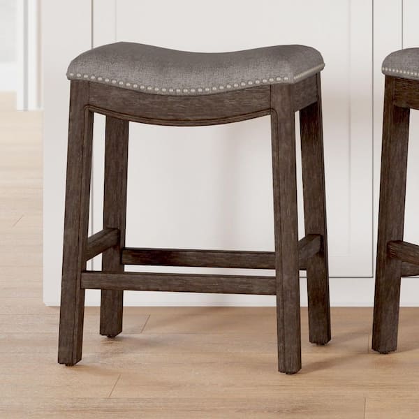Sadie 26in. H Saddle Distressed Espresso Wood Counter-Height Barstool with Smoke Gray Fabric