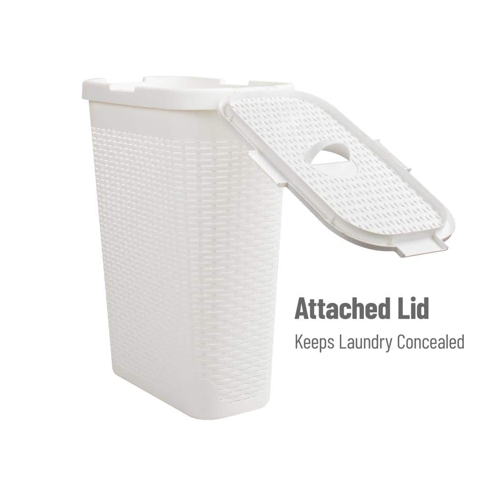 White Slim Rectangular Wicker Laundry Hamper with Lid