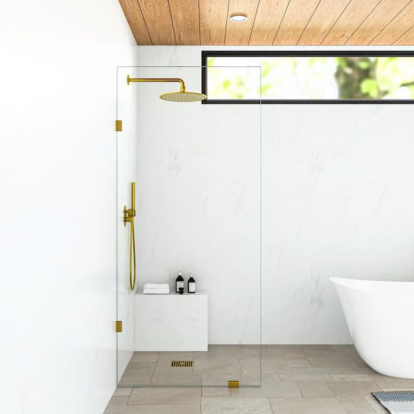 SHAAMA Linea 32 in. W x 78 in. H Frameless Fixed Single Panel Shower Screen Door in Brushed Gold with 3/8 in.(10mm) Clear Glass