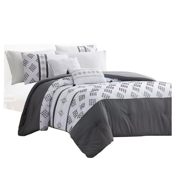 THE URBAN PORT Ohio 5-Piece White and Gray Geometric Microfiber Queen Comforter Set